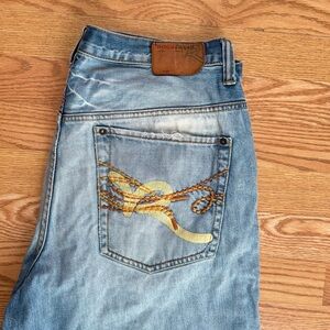 Rocawear Light Blue Men's Jeans with Yellow & Brown Embroidered Pocket